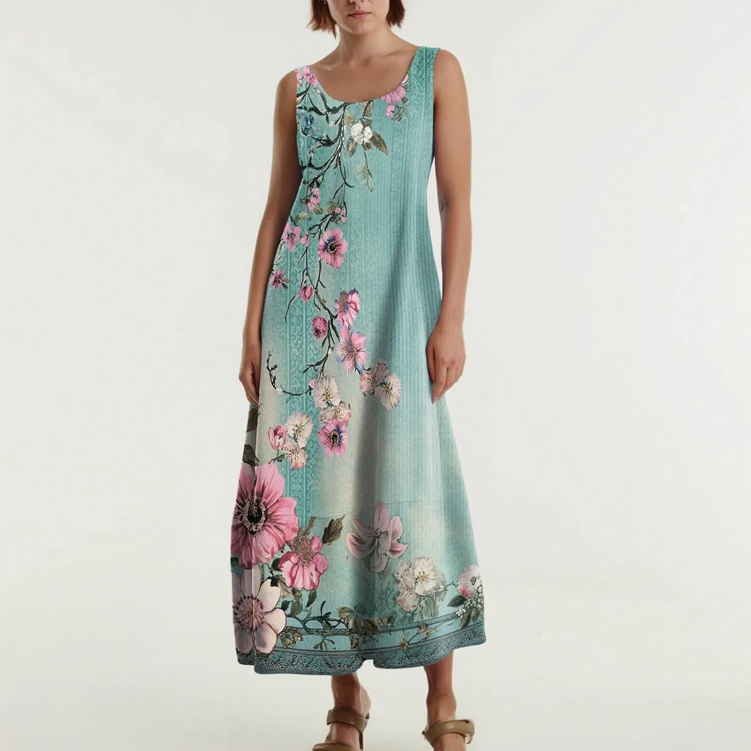 Womens Dresses Sleeveless Scoop Neck Tank Dress Loose Flowy Sundress 2025 Summer Beach Vacation Casual Maxi Dress