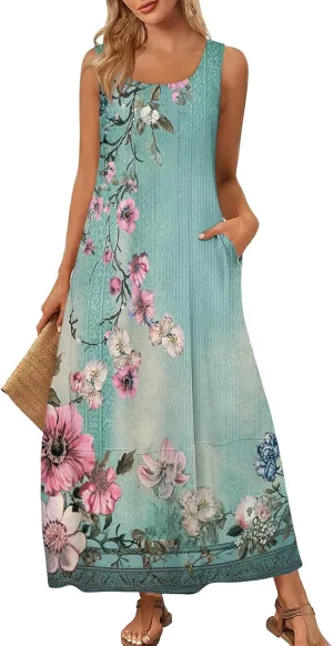 Womens Dresses Sleeveless Scoop Neck Tank Dress Loose Flowy Sundress 2025 Summer Beach Vacation Casual Maxi Dress