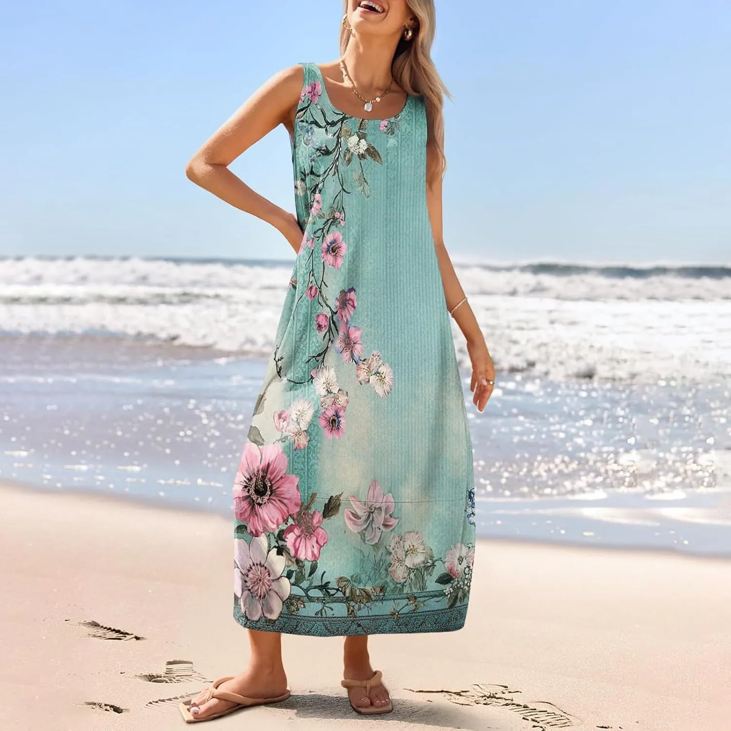 Womens Dresses Sleeveless Scoop Neck Tank Dress Loose Flowy Sundress 2025 Summer Beach Vacation Casual Maxi Dress