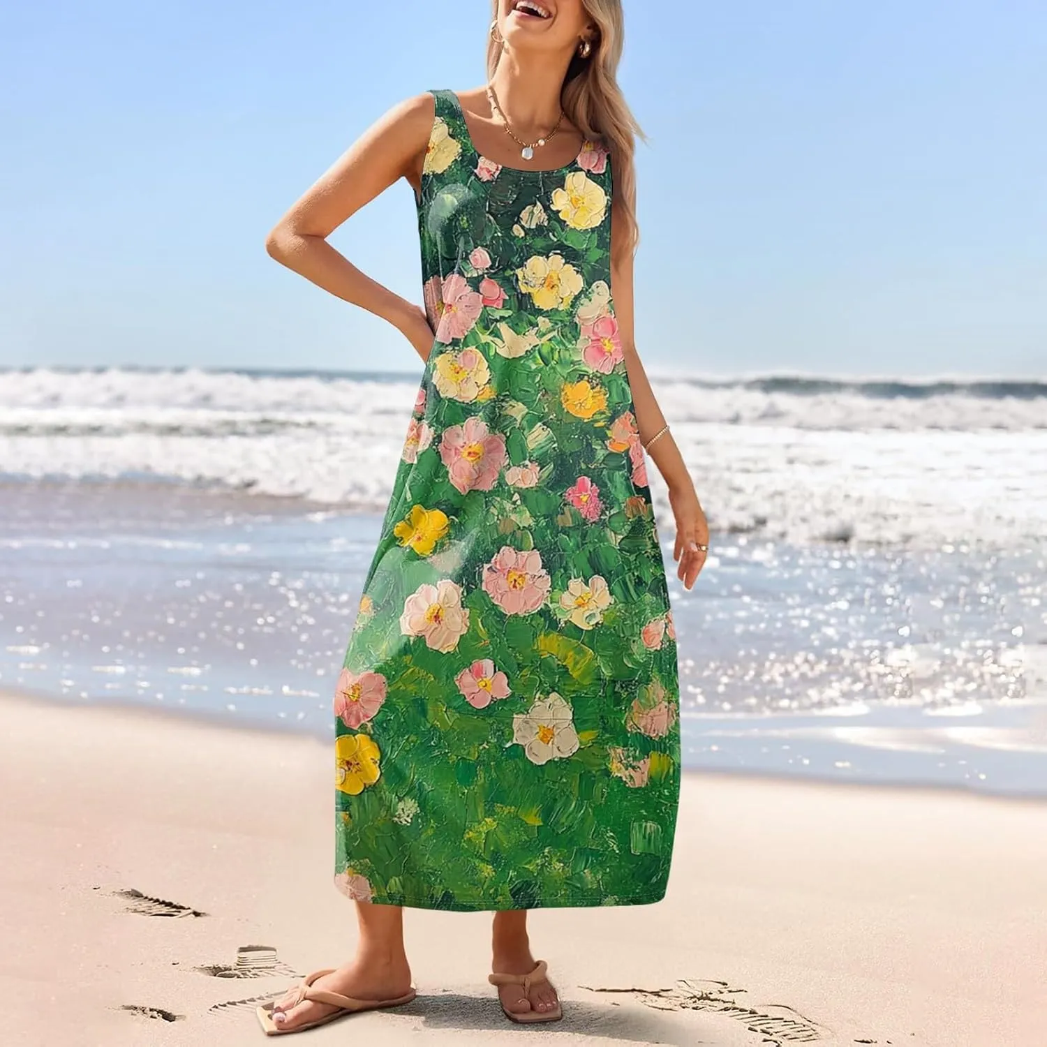 Womens Dresses Sleeveless Scoop Neck Tank Dress Loose Flowy Sundress 2025 Summer Beach Vacation Casual Maxi Dress