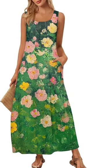 Womens Dresses Sleeveless Scoop Neck Tank Dress Loose Flowy Sundress 2025 Summer Beach Vacation Casual Maxi Dress