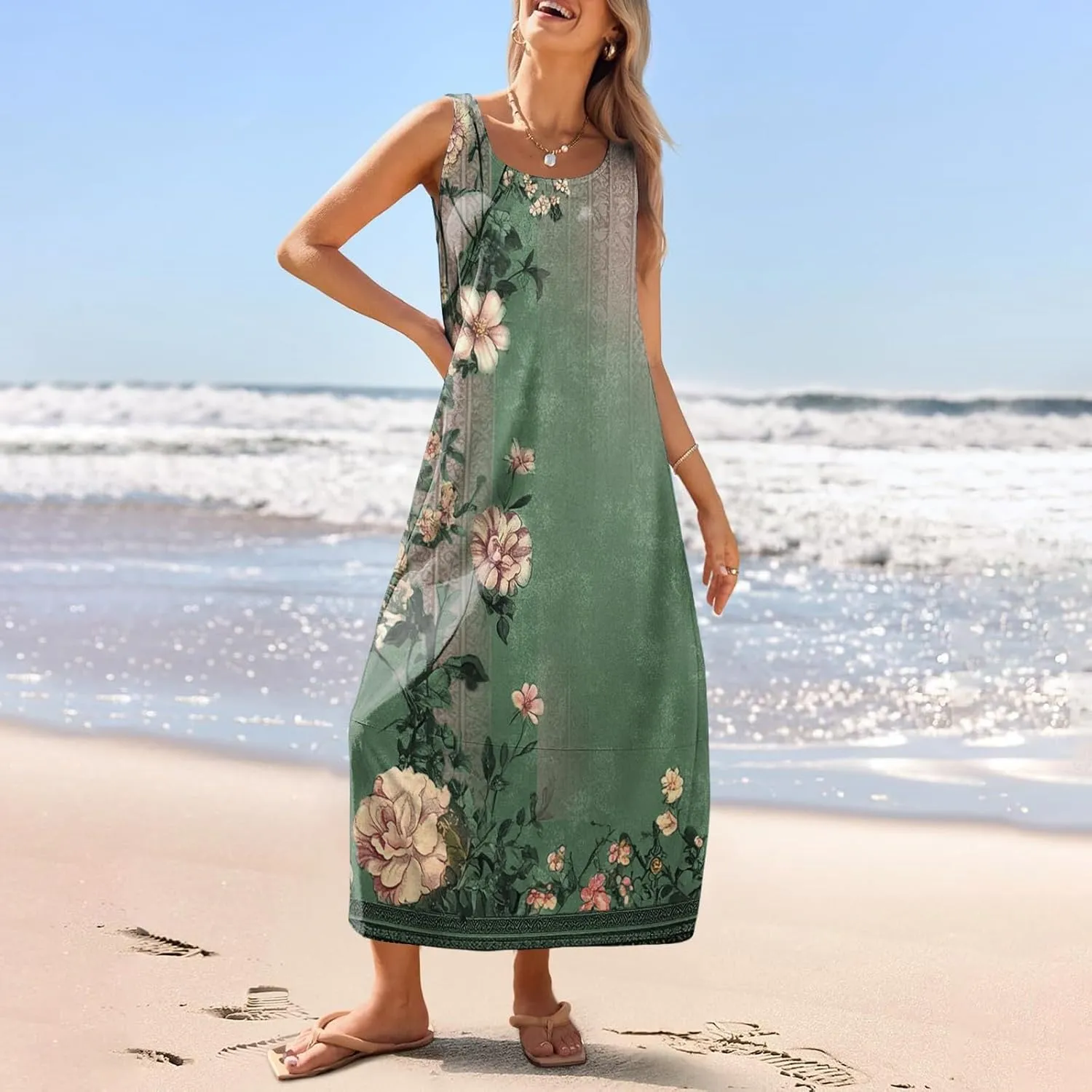 Womens Dresses Sleeveless Scoop Neck Tank Dress Loose Flowy Sundress 2025 Summer Beach Vacation Casual Maxi Dress