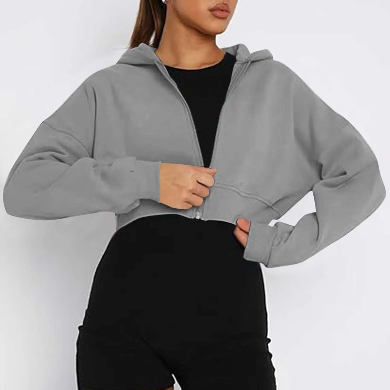 Women's Half Zipper Cropped Sweatshirts Hoodies,Casual V Neck Long Sleeve Pullover Tunic Comfy Basic Tops