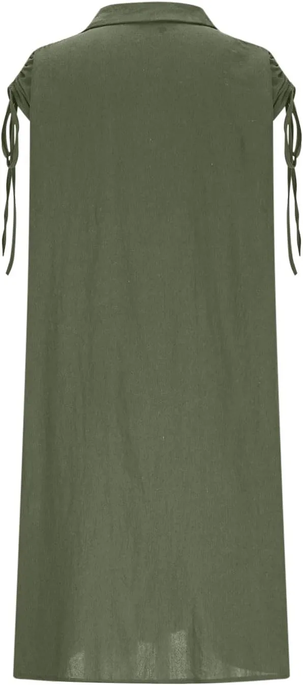 Women's Linen Tank Dress Summer Casual Button Down Midi Shirt Dresses V Neck Drawstring Cap Sleeve Beach Cover Up Dress