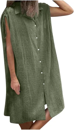 Women's Linen Tank Dress Summer Casual Button Down Midi Shirt Dresses V Neck Drawstring Cap Sleeve Beach Cover Up Dress