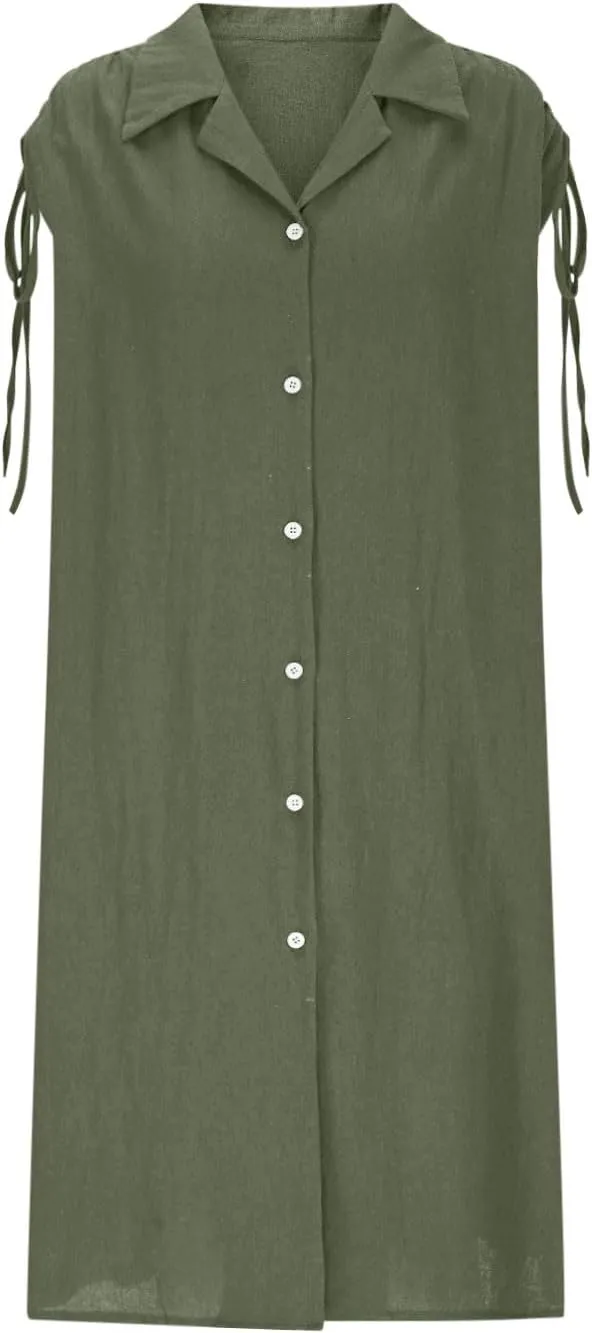 Women's Linen Tank Dress Summer Casual Button Down Midi Shirt Dresses V Neck Drawstring Cap Sleeve Beach Cover Up Dress
