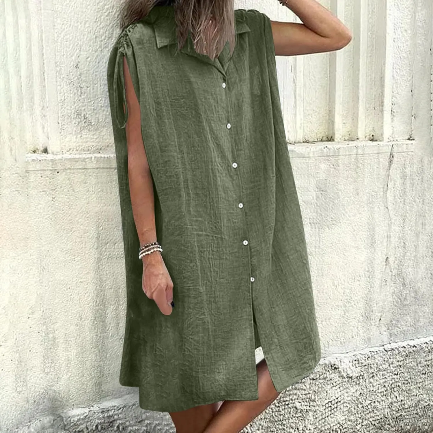 Women's Linen Tank Dress Summer Casual Button Down Midi Shirt Dresses V Neck Drawstring Cap Sleeve Beach Cover Up Dress