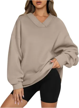 Women's Oversized Hoodies Sweatshirt,Casual V Neck Long Sleeve Pullover Tunic Comfy Basic Tops, Comfy Sweaters