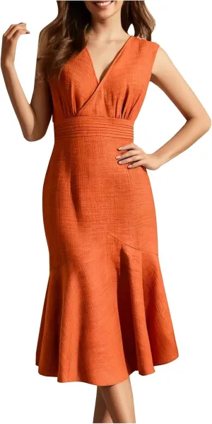 Women's Sleeveless Casual Mermaid Midi Dress, Loose V-Neck Summer Party Trendy Clothes High Waist Slim Fit Dresses