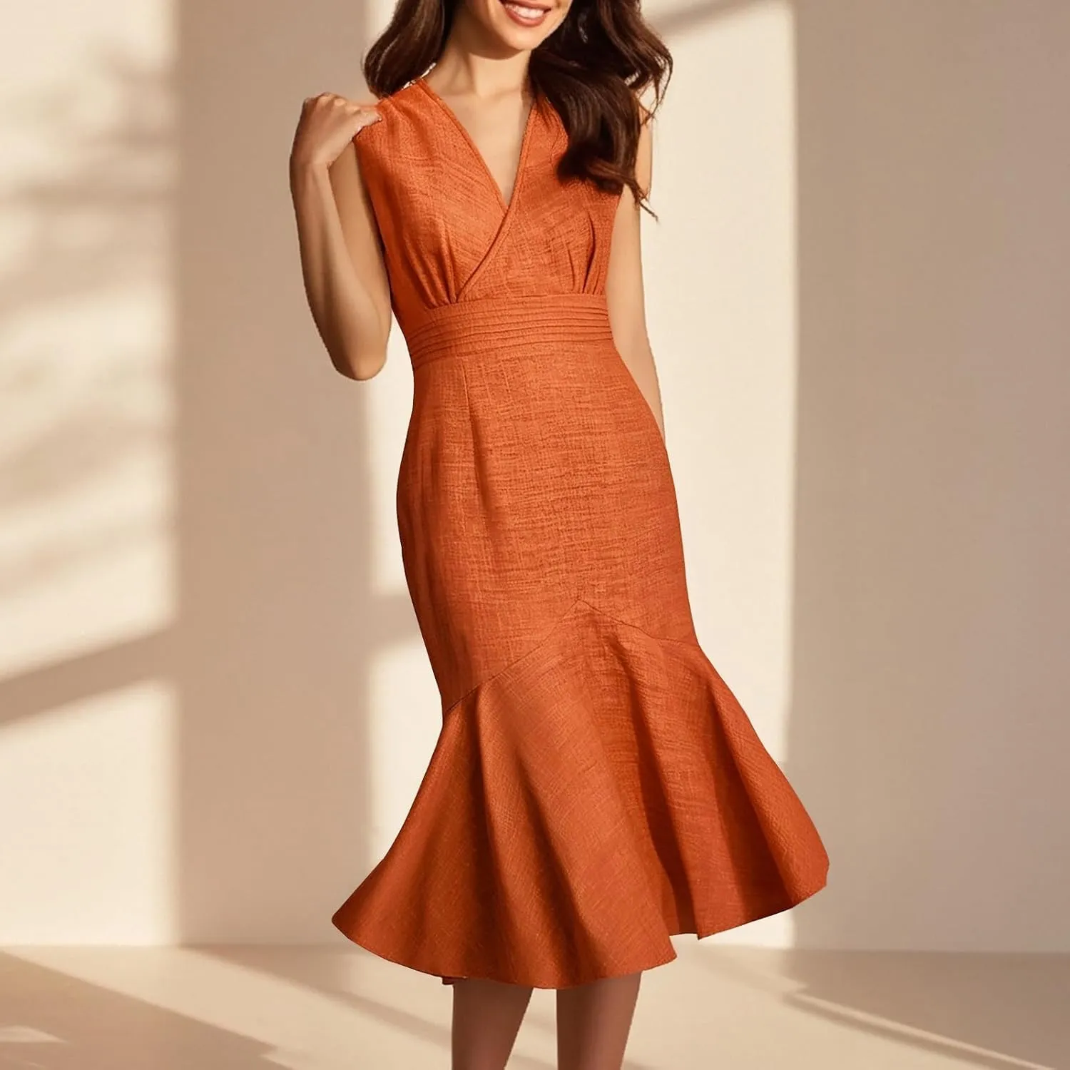 Women's Sleeveless Casual Mermaid Midi Dress, Loose V-Neck Summer Party Trendy Clothes High Waist Slim Fit Dresses