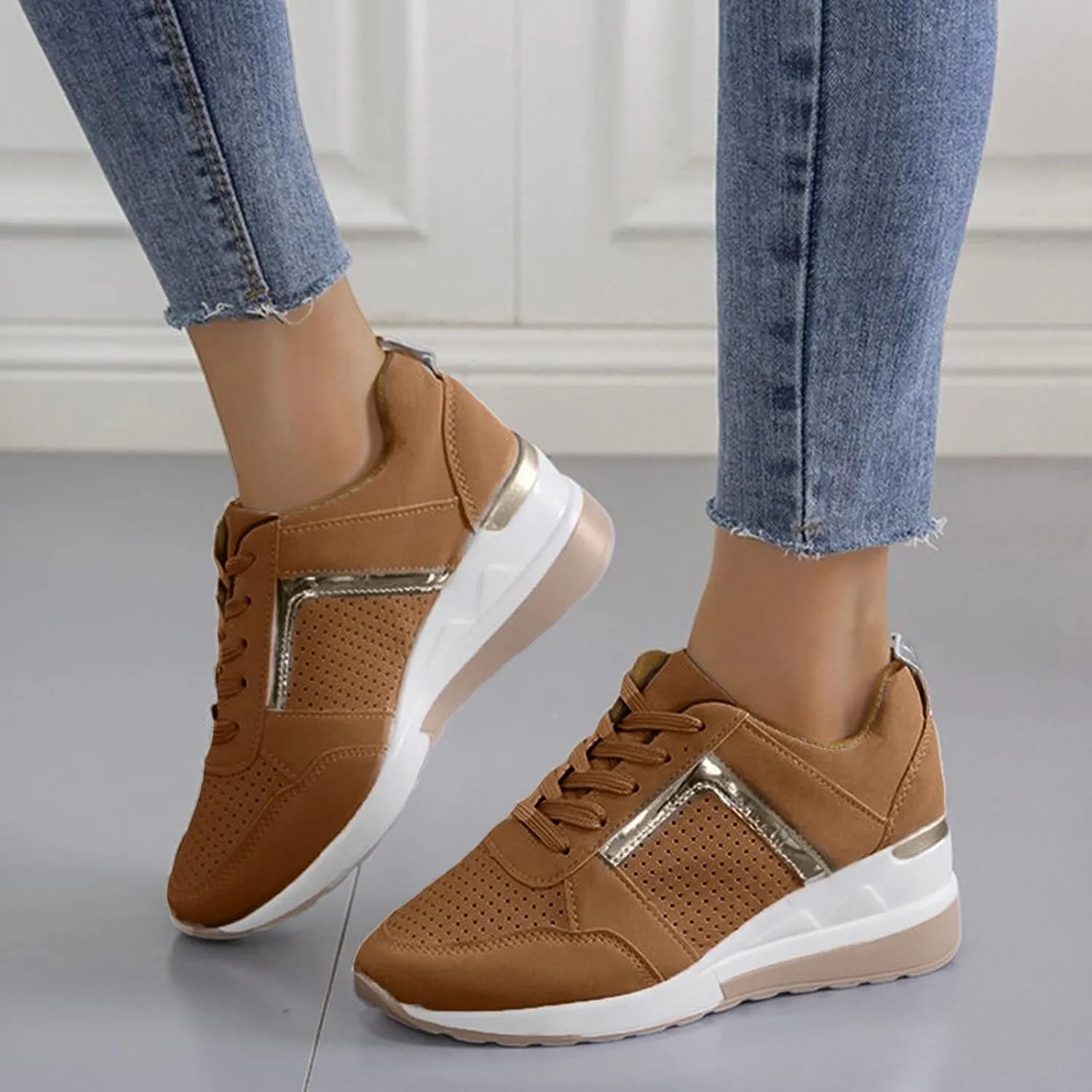 Womens Slip On Sports Shoes Women Walking Tennis Shoes Lightweight Casual Thick Sole Leather Lace Up Sneakers