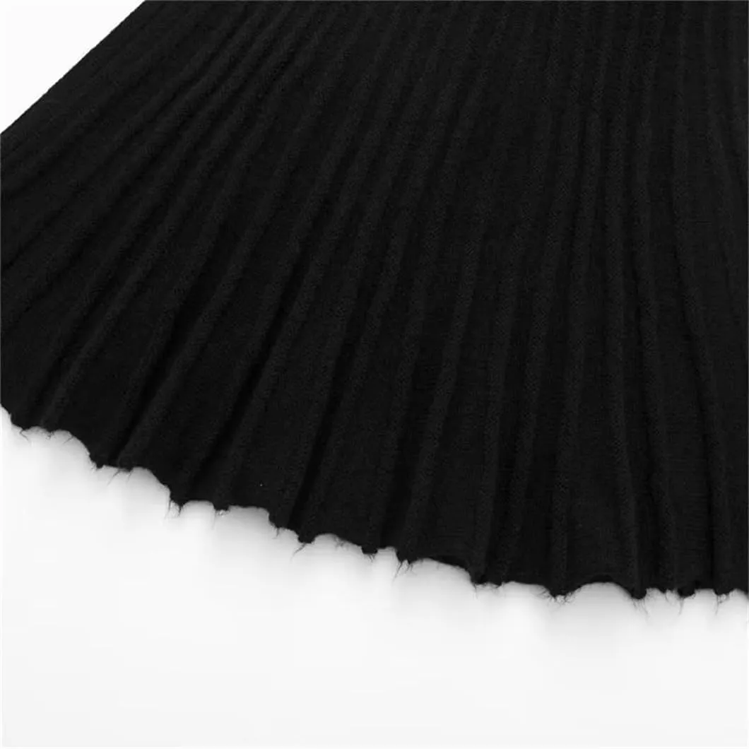 Women's Spring Elastic Waist Pleated Knit Mini Skirt - Black Asymmetrical Slim Fit