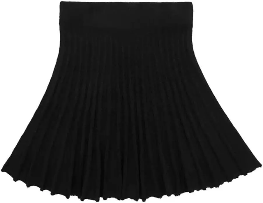 Women's Spring Elastic Waist Pleated Knit Mini Skirt - Black Asymmetrical Slim Fit