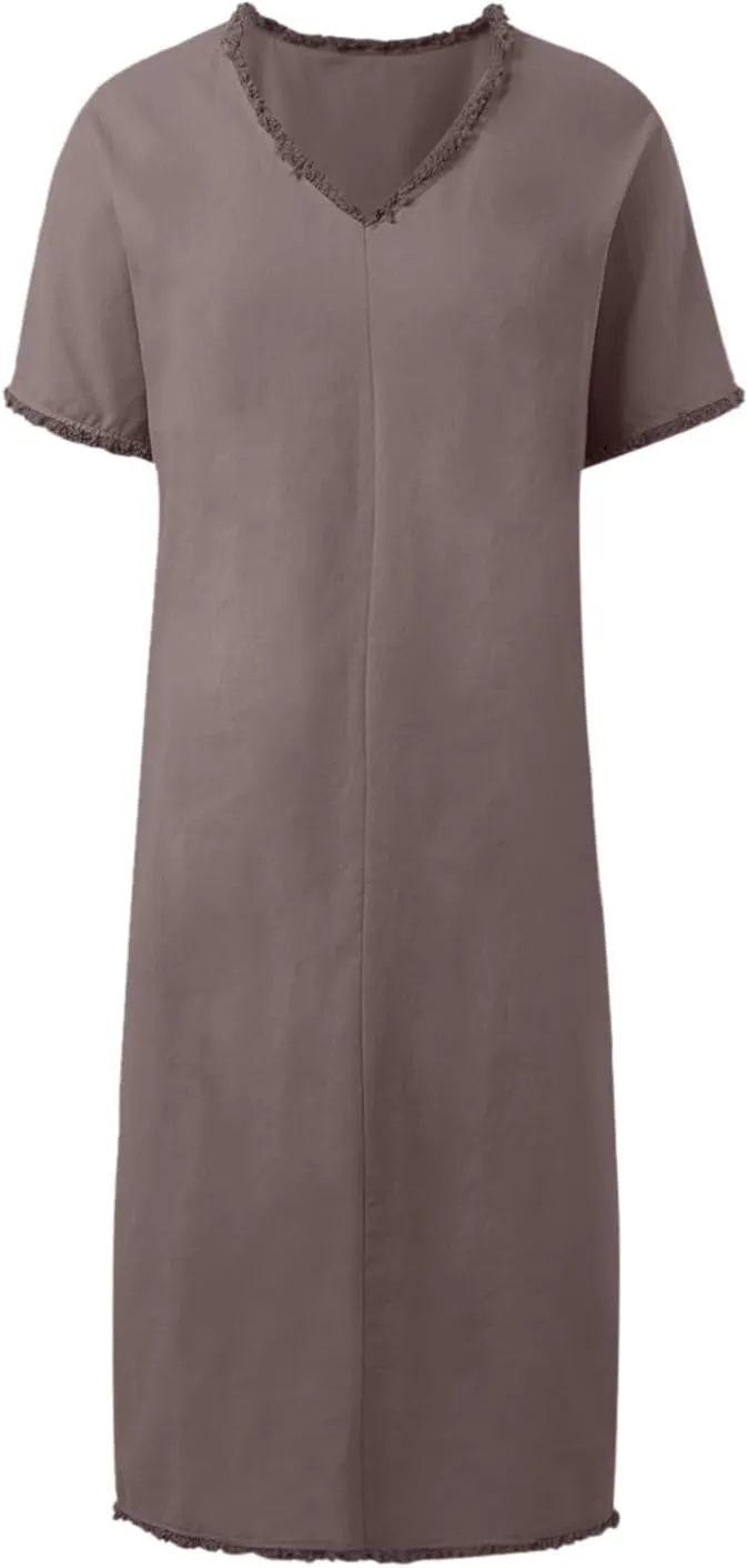 Women's Spring Summer Short Sleeve Shirt Dress V Neck Loose A-Line Midi Shift Tunic Dress Going Out Sundresses