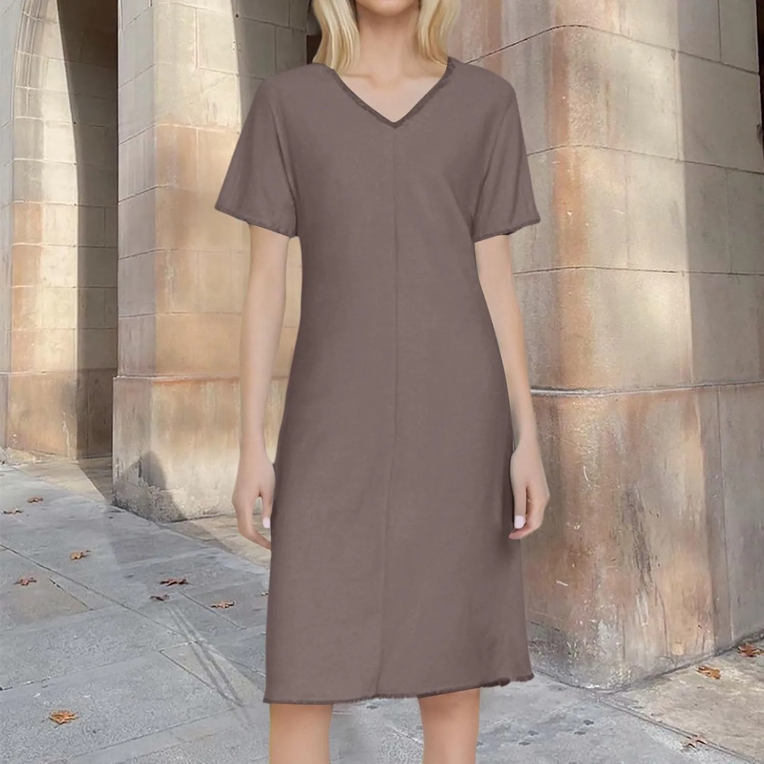 Women's Spring Summer Short Sleeve Shirt Dress V Neck Loose A-Line Midi Shift Tunic Dress Going Out Sundresses