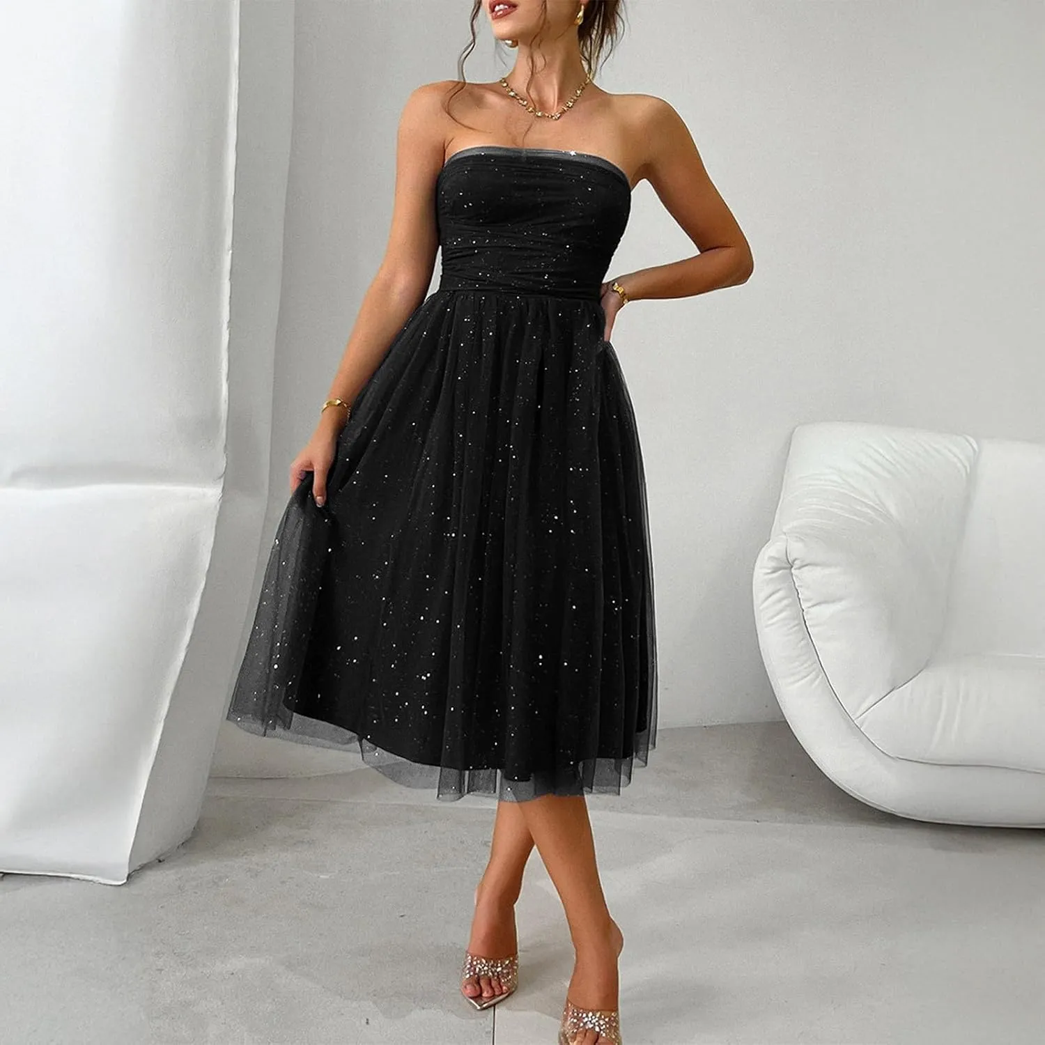 Women's Summer Cocktail Dress Ruched Mini Dress Elegant Strapless A-Line Midi Dress with Sparkling Tulle Overlay