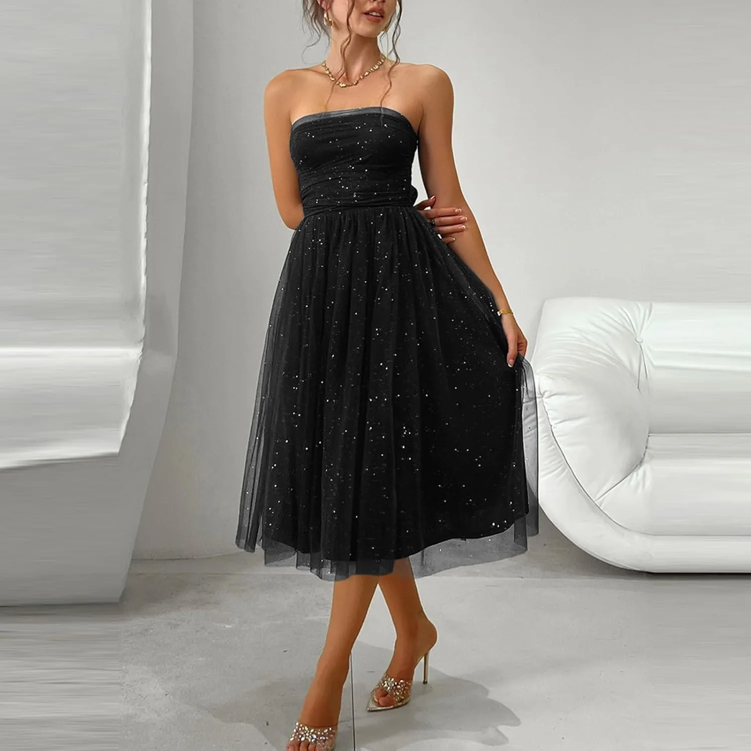Women's Summer Cocktail Dress Ruched Mini Dress Elegant Strapless A-Line Midi Dress with Sparkling Tulle Overlay