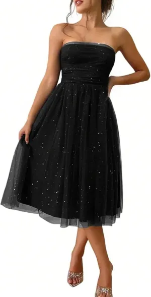 Women's Summer Cocktail Dress Ruched Mini Dress Elegant Strapless A-Line Midi Dress with Sparkling Tulle Overlay