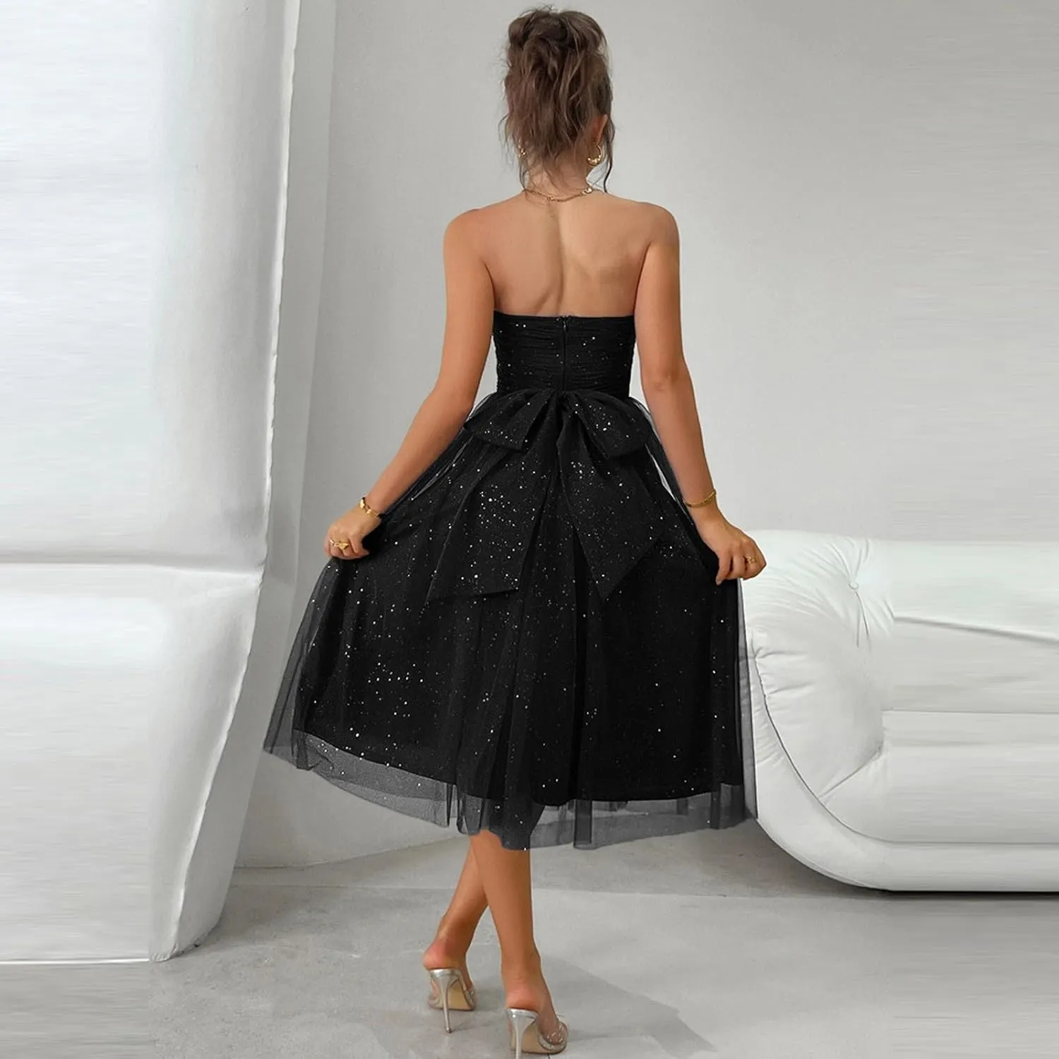 Women's Summer Cocktail Dress Ruched Mini Dress Elegant Strapless A-Line Midi Dress with Sparkling Tulle Overlay