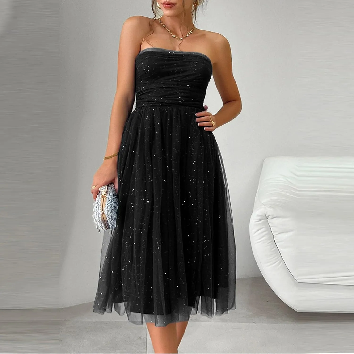 Women's Summer Cocktail Dress Ruched Mini Dress Elegant Strapless A-Line Midi Dress with Sparkling Tulle Overlay