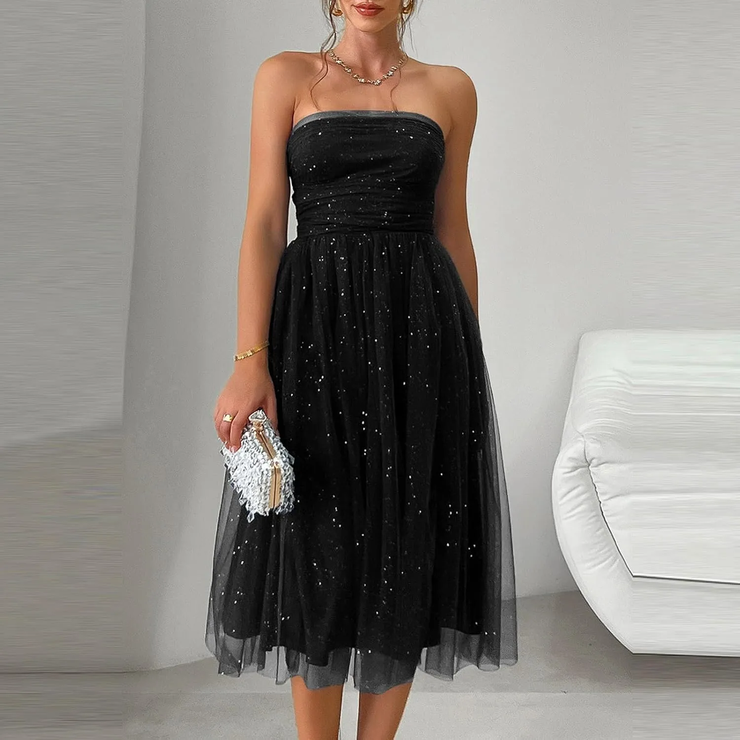 Women's Summer Cocktail Dress Ruched Mini Dress Elegant Strapless A-Line Midi Dress with Sparkling Tulle Overlay
