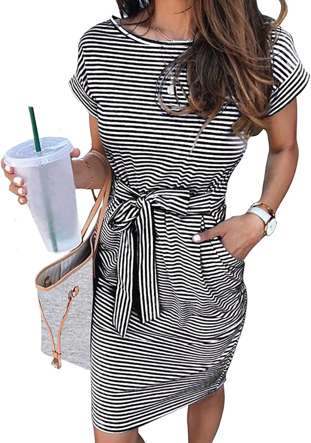 Womens Summer Dresses 2025 Casual Tie Front Short Sleeve A Line Midi Shirt Dress Beach Vacation Clothes