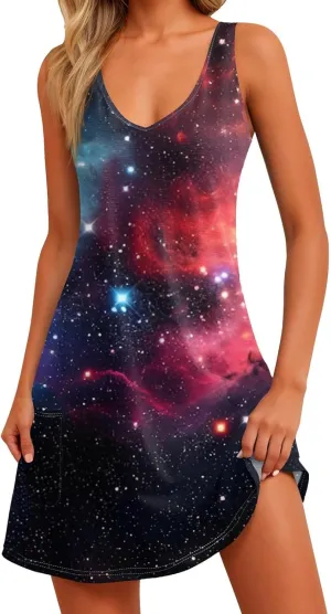 Womens Summer Dresses Beach Printed Sundress Sleeveless 2025 Swimsuit Coverup Vacation V Neck Dress with Pocket