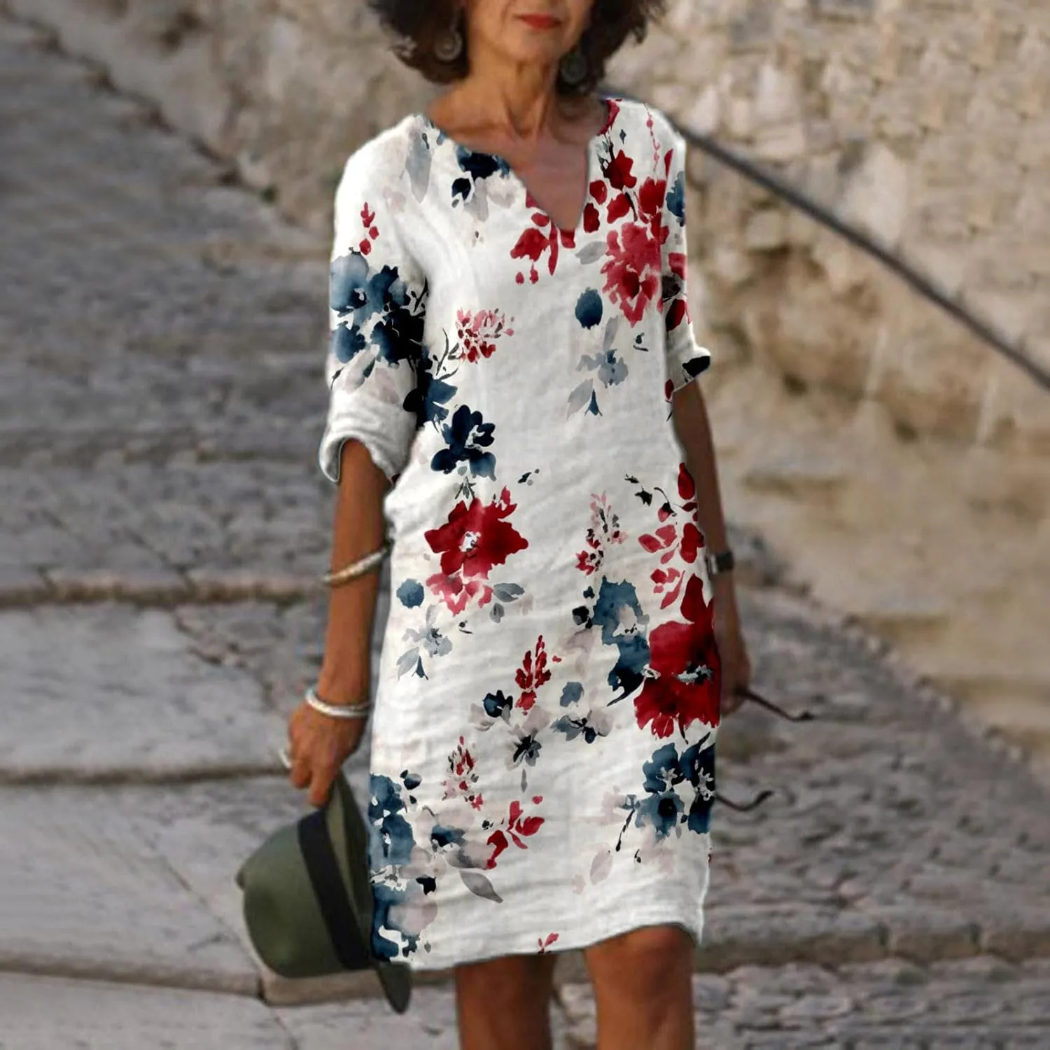 Womens V Neck Cotton Linen Dress Casual Loose Shift Tunic Summer Dresses Vintage Print 3/4 Sleeve Vacation Sundress 1