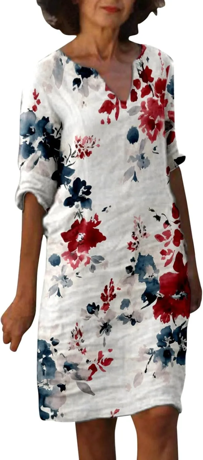 Womens V Neck Cotton Linen Dress Casual Loose Shift Tunic Summer Dresses Vintage Print 3/4 Sleeve Vacation Sundress 1