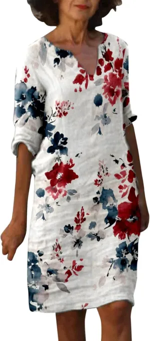 Womens V Neck Cotton Linen Dress Casual Loose Shift Tunic Summer Dresses Vintage Print 3/4 Sleeve Vacation Sundress 1