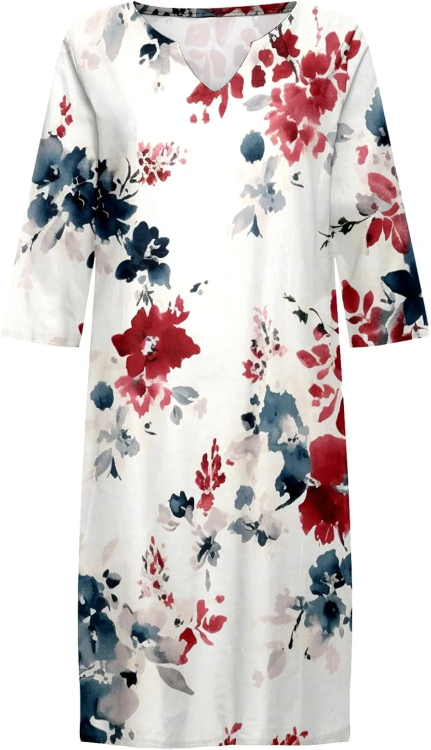 Womens V Neck Cotton Linen Dress Casual Loose Shift Tunic Summer Dresses Vintage Print 3/4 Sleeve Vacation Sundress 1