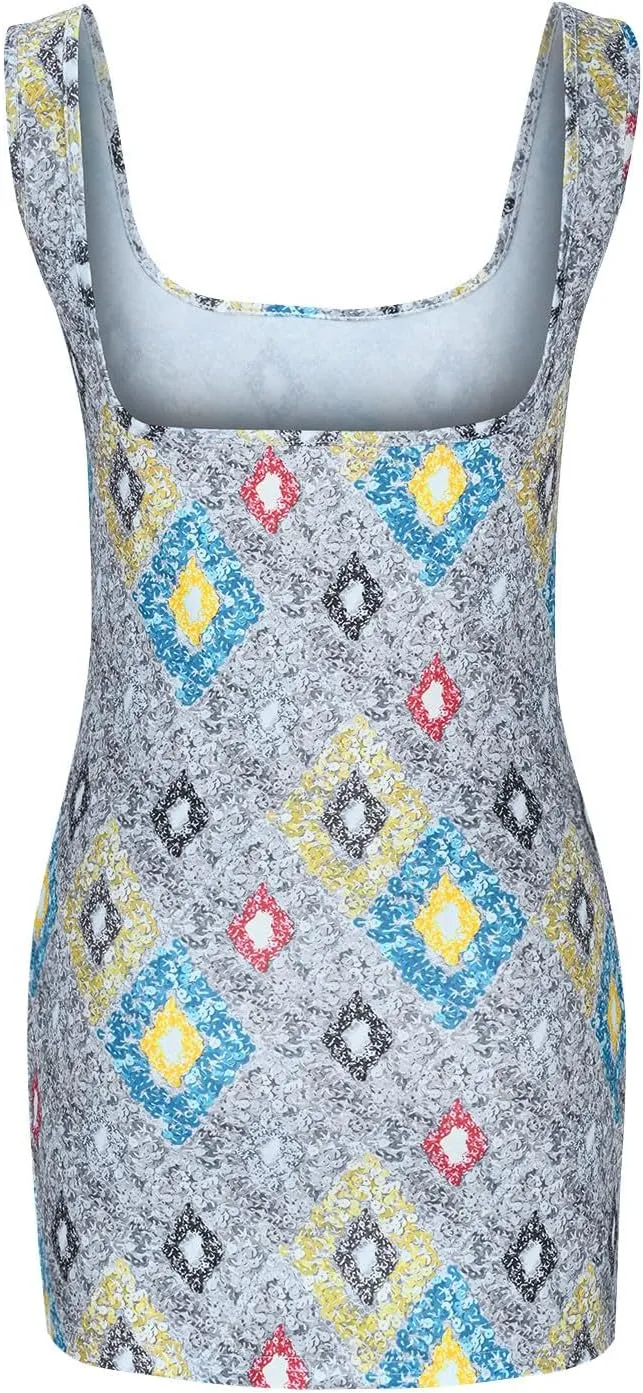 Women's Vintage Trendy Print Mini Dress, Summer Sleeveless Strappy Beach Sundresses Sexy Slim Fit Side Split Dresses
