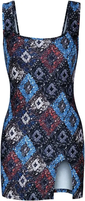 Women's Vintage Trendy Print Mini Dress, Summer Sleeveless Strappy Beach Sundresses Sexy Slim Fit Side Split Dresses