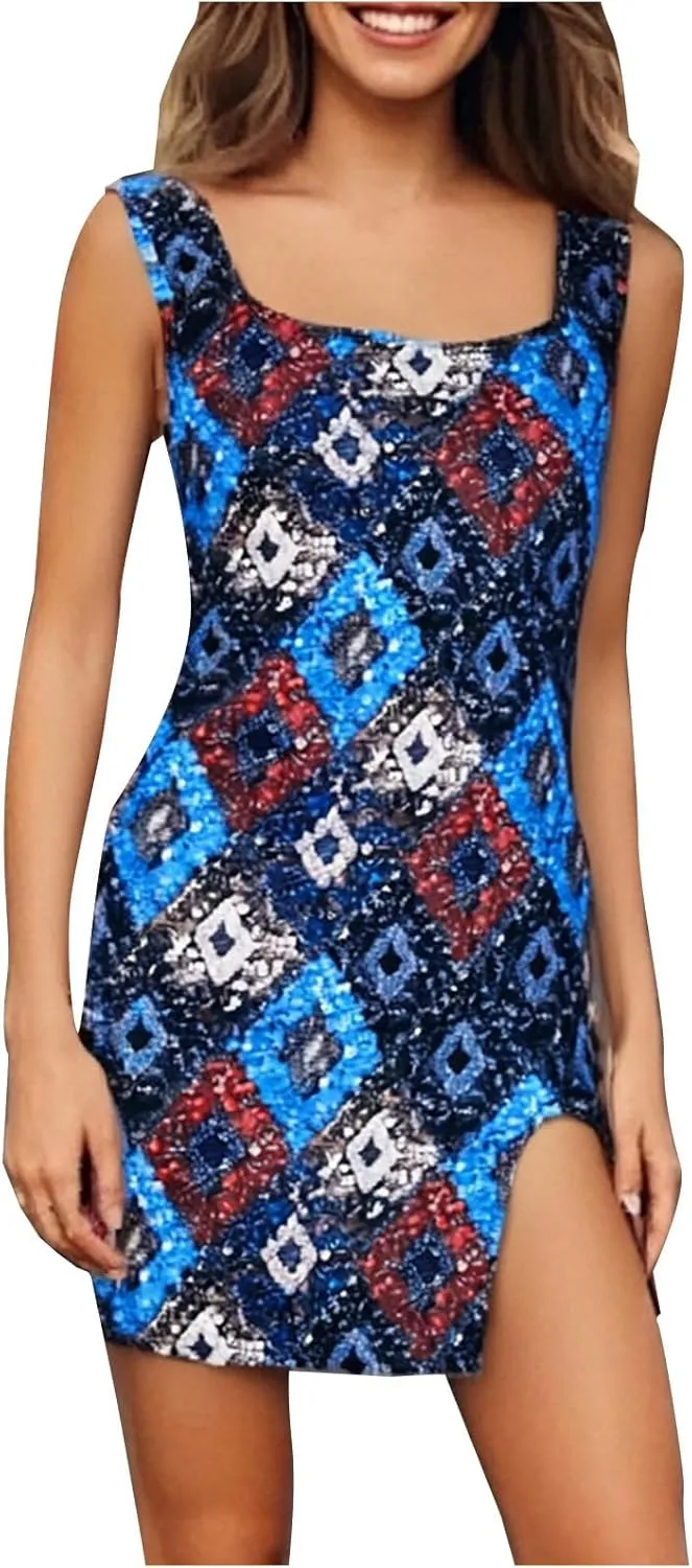 Women's Vintage Trendy Print Mini Dress, Summer Sleeveless Strappy Beach Sundresses Sexy Slim Fit Side Split Dresses
