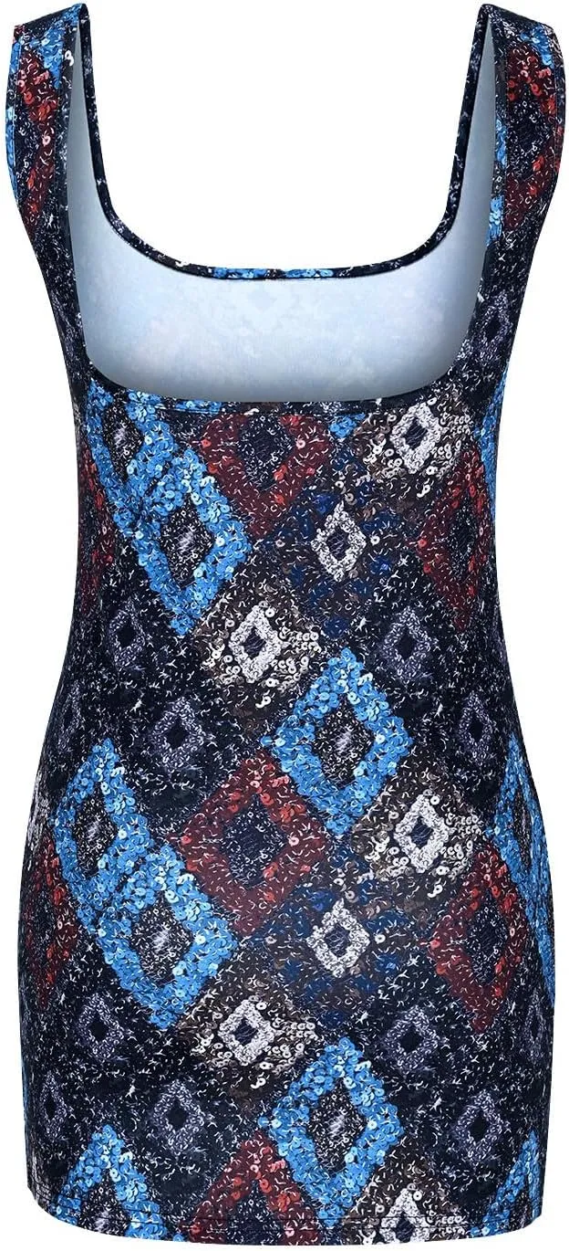 Women's Vintage Trendy Print Mini Dress, Summer Sleeveless Strappy Beach Sundresses Sexy Slim Fit Side Split Dresses