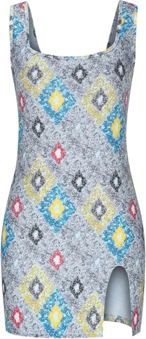 Women's Vintage Trendy Print Mini Dress, Summer Sleeveless Strappy Beach Sundresses Sexy Slim Fit Side Split Dresses