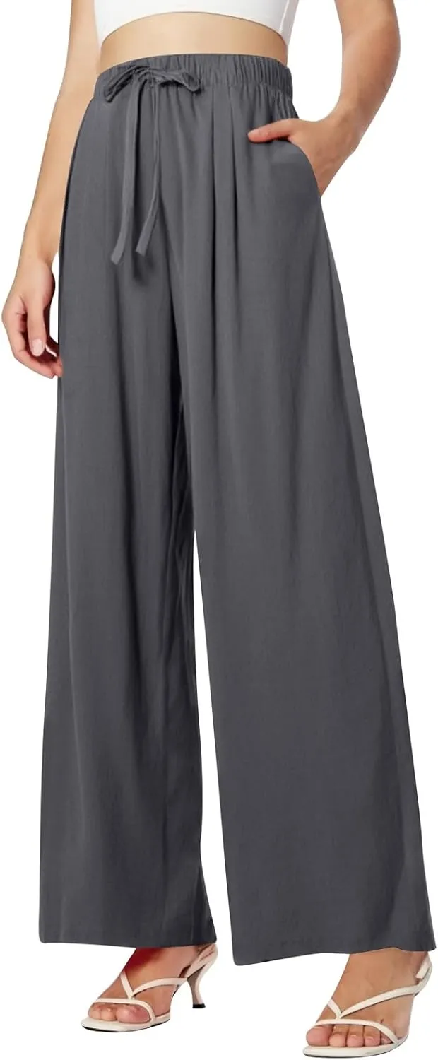 Women's Wide Leg Linen Pants Dressy High Waist Palazzo Pant Tie Knot Loose Flowy Trousers with Pocket