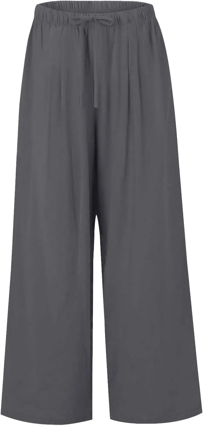 Women's Wide Leg Linen Pants Dressy High Waist Palazzo Pant Tie Knot Loose Flowy Trousers with Pocket