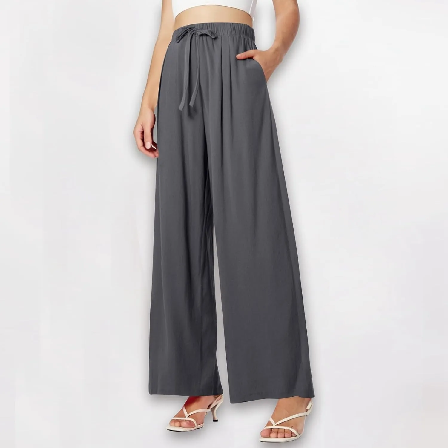 Women's Wide Leg Linen Pants Dressy High Waist Palazzo Pant Tie Knot Loose Flowy Trousers with Pocket