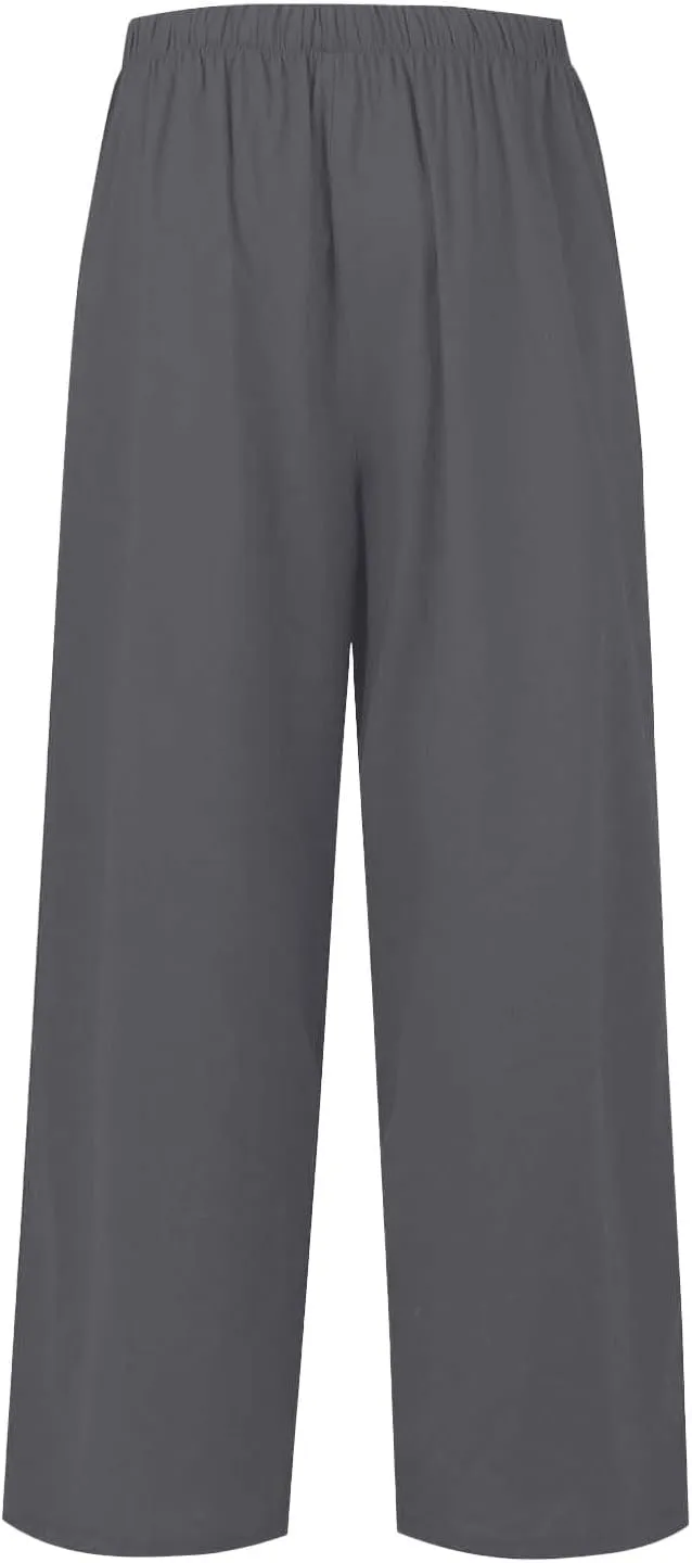 Women's Wide Leg Linen Pants Dressy High Waist Palazzo Pant Tie Knot Loose Flowy Trousers with Pocket
