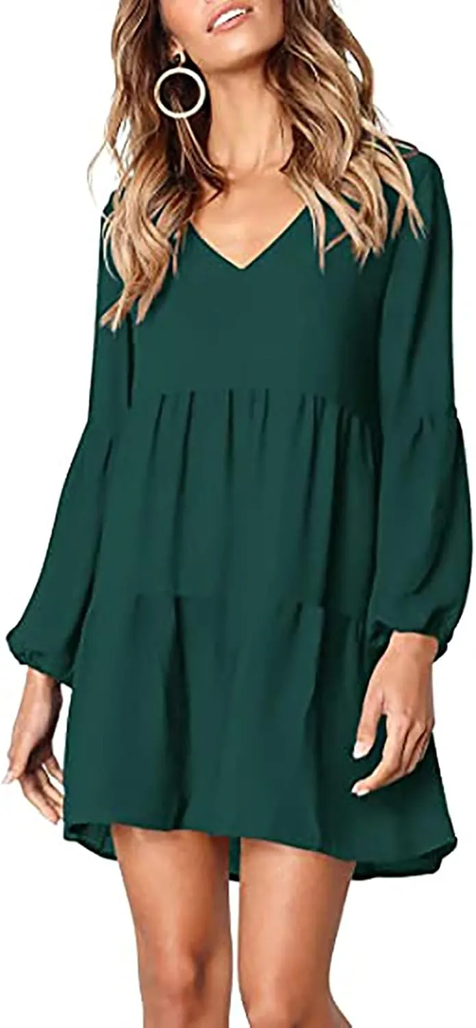 WUAI Summer Dress for Women Bell Long Sleeve V-Neck Tunic Dress Casual Loose Flowy Swing Shift Dresses