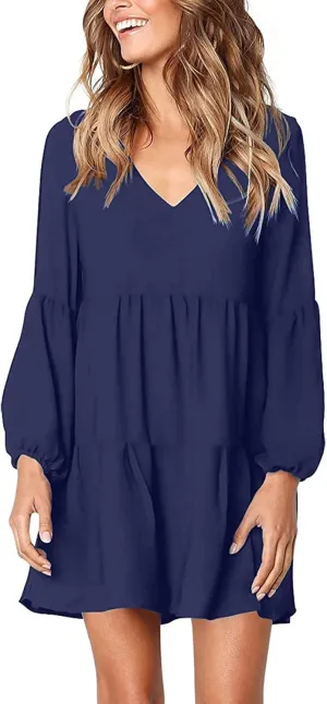 WUAI Summer Dress for Women Bell Long Sleeve V-Neck Tunic Dress Casual Loose Flowy Swing Shift Dresses
