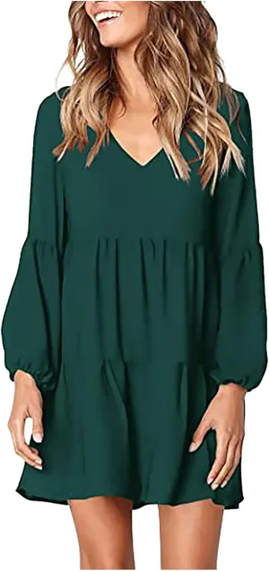 WUAI Summer Dress for Women Bell Long Sleeve V-Neck Tunic Dress Casual Loose Flowy Swing Shift Dresses