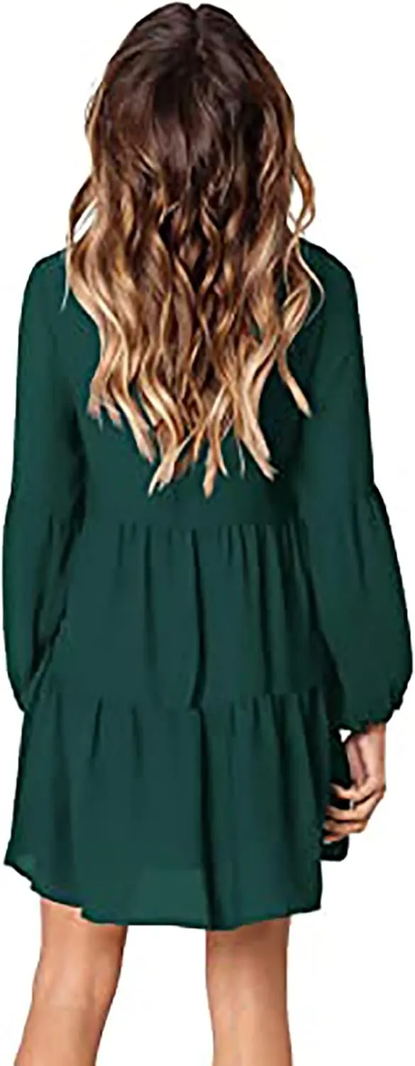 WUAI Summer Dress for Women Bell Long Sleeve V-Neck Tunic Dress Casual Loose Flowy Swing Shift Dresses