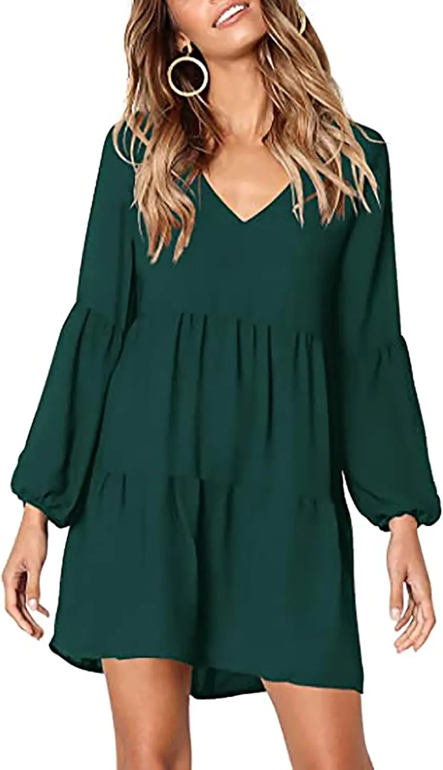 WUAI Summer Dress for Women Bell Long Sleeve V-Neck Tunic Dress Casual Loose Flowy Swing Shift Dresses