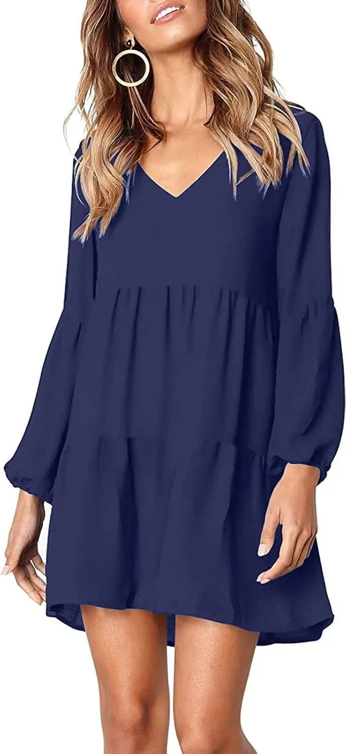 WUAI Summer Dress for Women Bell Long Sleeve V-Neck Tunic Dress Casual Loose Flowy Swing Shift Dresses