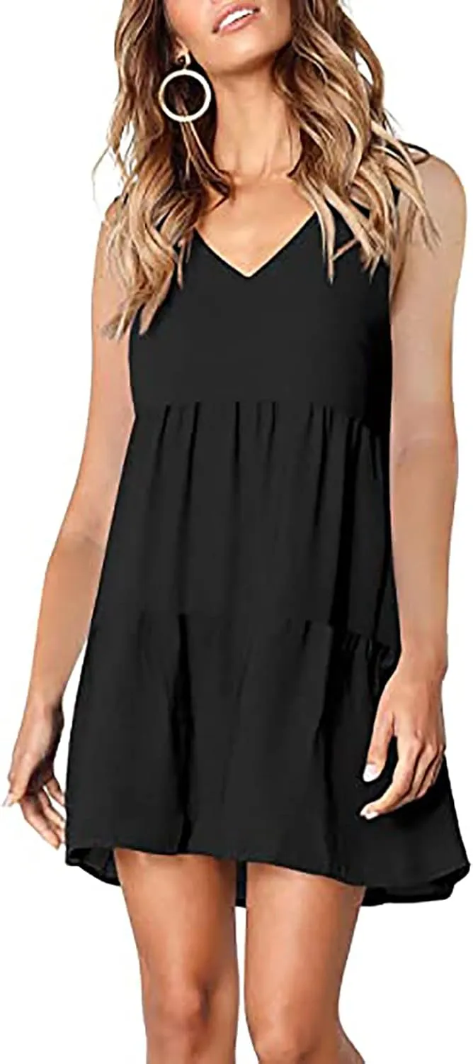 WUAI Women's Summer Tunic Dress V Neck Casual Loose Flowy Swing Shift Mini Dresses
