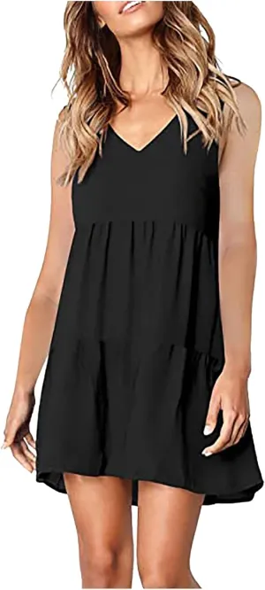 WUAI Women's Summer Tunic Dress V Neck Casual Loose Flowy Swing Shift Mini Dresses