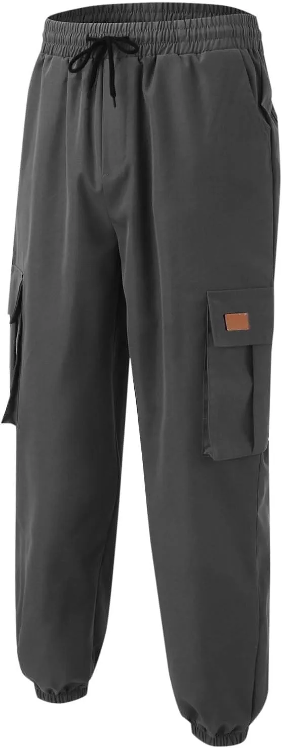 YUHGODO Mens Slim Fit Cargo Pants - Casual Tapered Drawstring Elastic Waist Athletic Joggers Sweatpants with Multi Pockets