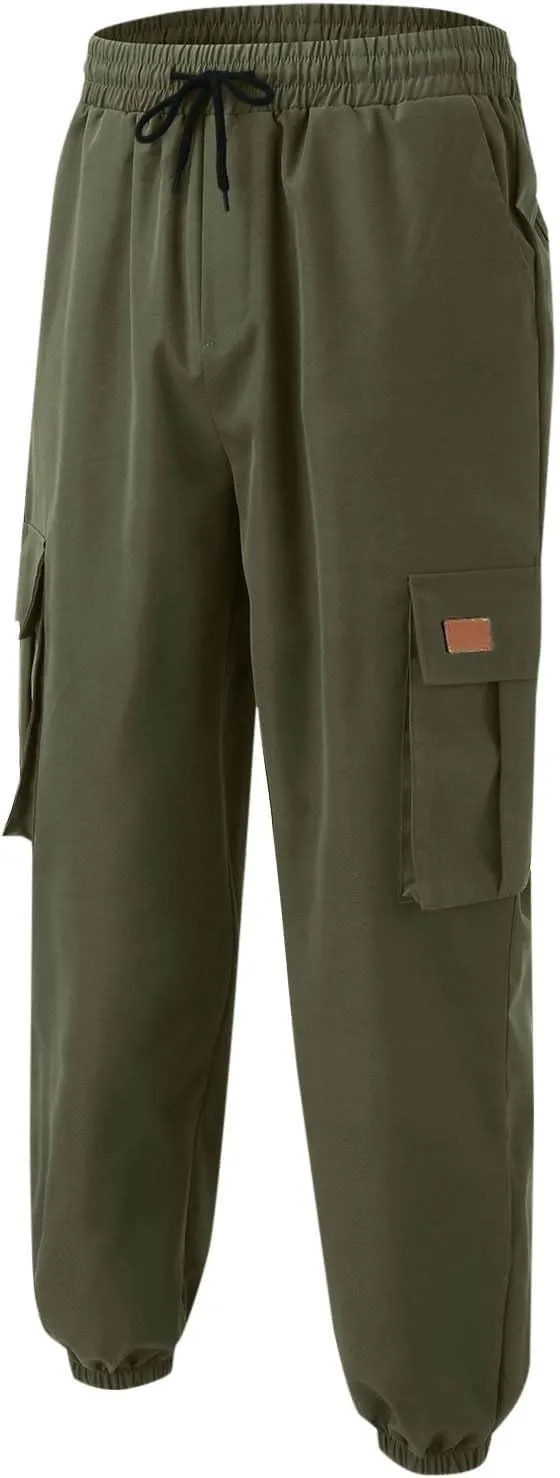 YUHGODO Mens Slim Fit Cargo Pants - Casual Tapered Drawstring Elastic Waist Athletic Joggers Sweatpants with Multi Pockets